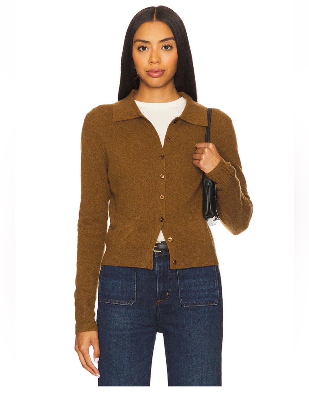 White + Warren - Cashmere Collared Cardigan in Golden Brown